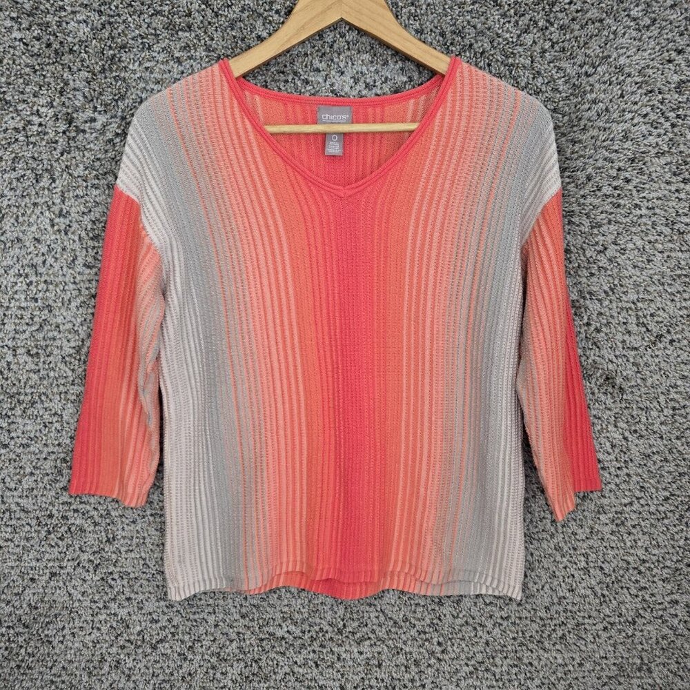 Chicos Sweater Womens 0 US Small Ombre Stripe Knit V‎ Neck Pullover Cotton Blend